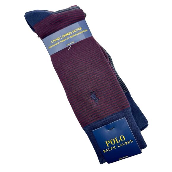 Polo Ralph Lauren Other - Polo Ralph Lauren Crew Navy Blue Red Striped 3 Pairs Combed Cotton Socks Men’s